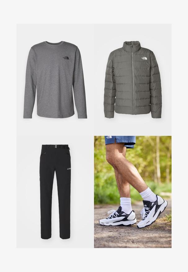 Šedá prešívaná bunda s vysokým golierom, horizontálne prešívané sekcie, predný zips a logo v ľavom hornom rohu.; The North Face M L/S SIMPLE DOME TEE - Top s dlhým rukávom - medium grey heather; Čierne vonkajšie nohavice s hladkým materiálom, postrannými zipsovými vreckami, zosilnenými kolenami a nastaviteľným pásom s prackou.; Čierne a biele športové topánky s sieťovinovým zvrškom, textúrovanými akcentmi a bielymi šnúrkami. Nosené s bielymi ponožkami po členky a tmavomodrými šortkami na chodníku.