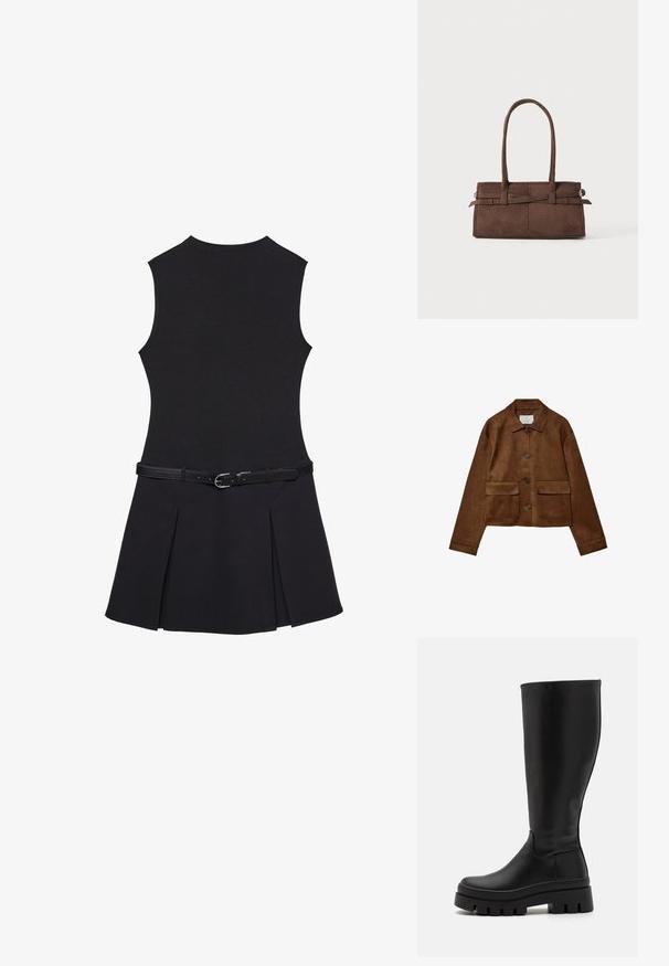 Hnědá sukně s límečkem, předním zapínáním na knoflíky a dvěma náprsními kapsami. Vlastnosti zahrnují dlouhé rukávy a zkrácenou délku.; Černé šaty bez rukávů s přiléhavým trupem, rozšířenou skládací sukní a tenkým černým páskem se stříbrnou sponou v pase.; Even&Odd Kozačky na platformě - black; Hnědá semišová kabelka se dvěma pevnými uchy, obdélníkovým tvarem a dekorativním páskem přes přední stranu.