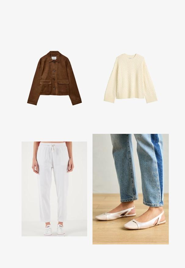 Rjava nubuk jakna s ovratnikom, sprednjim gumbom in dvema žepoma na prsih. Ima dolge rokave in skrajšano dolžino.; Kremno barvan pleten sveter z zgibanim ribjim kostmi, okroglo ovratnikom in ribanim manšetami ter robom. Širok kroj z spuščeni rameni.; Bela bombažna hlače s stransko vrvico in elastičnim pasom, zožena pri gležnjih ter lahkotne teksture. V kombinaciji z belimi športnimi copati.; Svijetloružičaste slingback balerinke s šiljastim nožnim prstima, napravljene od glatkog materijala nalik koži. Imaju izrezane detalje sa strane i ravne pete.