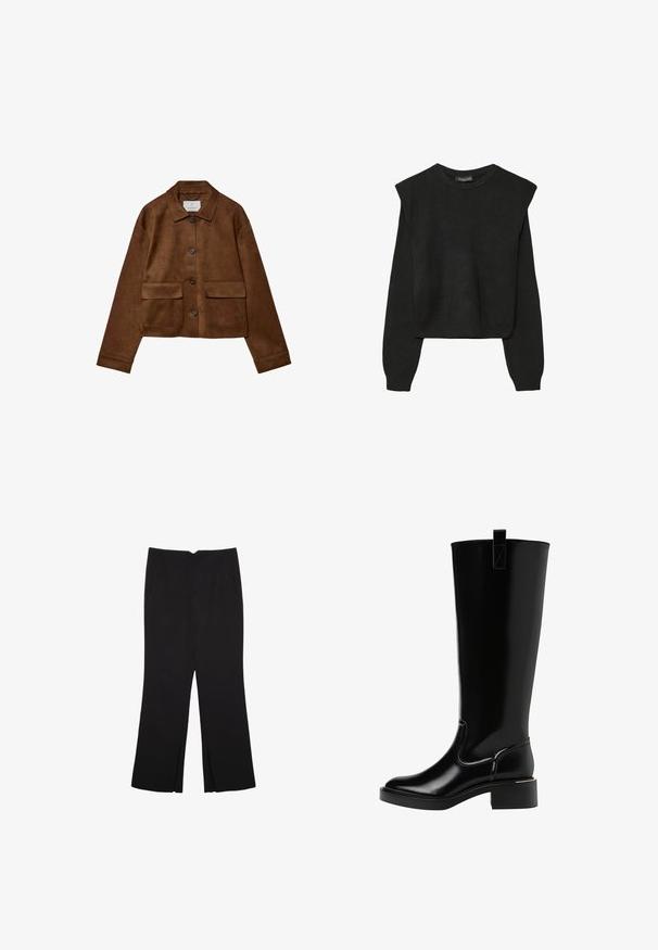 Rjava nubuk jakna s ovratnikom, sprednjim gumbom in dvema žepoma na prsih. Ima dolge rokave in skrajšano dolžino.; Črn dolgi pulover iz pletenine z oblazinjenimi rameni ter rebrastimi manšetami in robom, prikazan na beli podlagi.; Črne hlače ravnega kroja z naglavnimi žepi in stranskimi razporki na robu. Narejene iz mehke, gladke tkanine. Primerne za različne priložnosti.; Črne hlačne škornje do kolen z sijočo površino, zaobljenim nosom, majhnim blokastim petom in zanko za poteg na hrbtni strani. Šivi poudarjajo obliko.