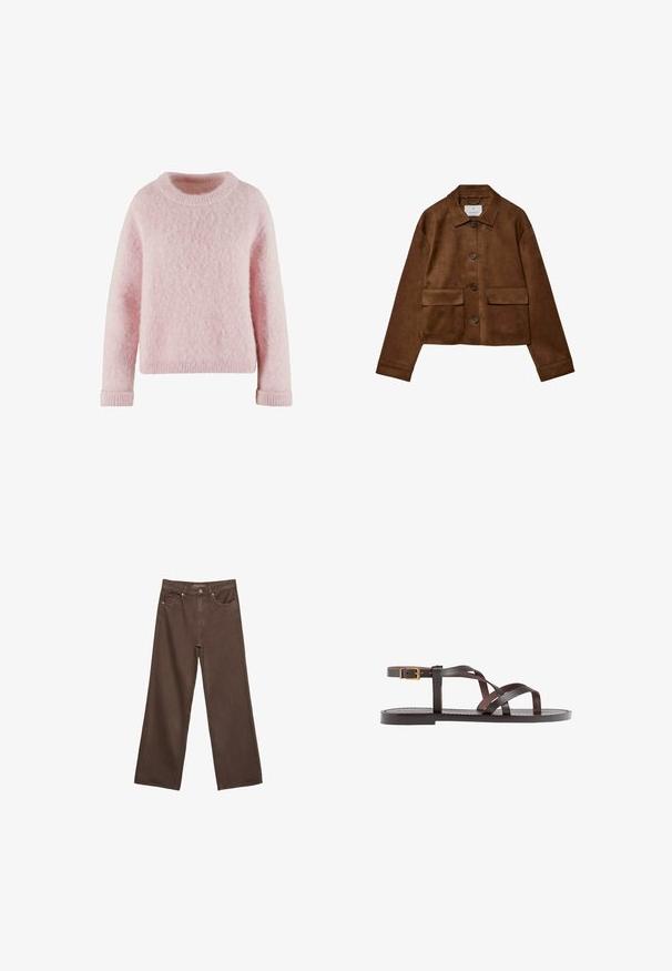 Giacca in suede marrone con design a colletto, chiusura frontale con bottoni e due tasche sul petto. Presenta maniche lunghe e un lunghezza corta.; Maglione rosa chiaro realizzato in materiale morbido e fluffoso. Presenta un collo rotondo e polsini a costine. Design semplice e accogliente senza motivi.; Jeans a gamba larga marroni in denim, con vita alta, tasche anteriori e chiusura a bottone classica. Tessuto liscio con cuciture sottili.; Sandal in pelle marrone con cinturini incrociati, chiusura con cinturino alla caviglia e suola piatta con dettagli di cucitura minimi.