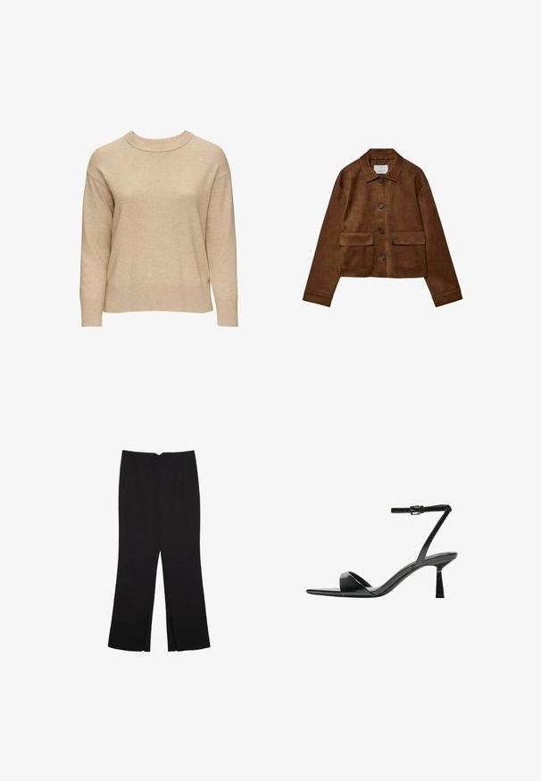 Brązowa skórzana kurtka z kołnierzykiem, z przodu zapinana na guziki i z dwiema kieszeniami na piersi. Posiada długie rękawy i krótki krój.; Beżowy sweter dzianinowy z okrągłym dekoltem, długimi rękawami i prążkowanymi akcentami przy mankietach i u dołu. Miękka tekstura z luźnym krojem.; Czarne spodnie o prostym kroju, z przednimi kieszeniami i bocznymi rozcięciami na dole. Wykonane z miękkiego, gładkiego materiału. Odpowiednie na różne okazje.; Bershka - Sandały na obcasie