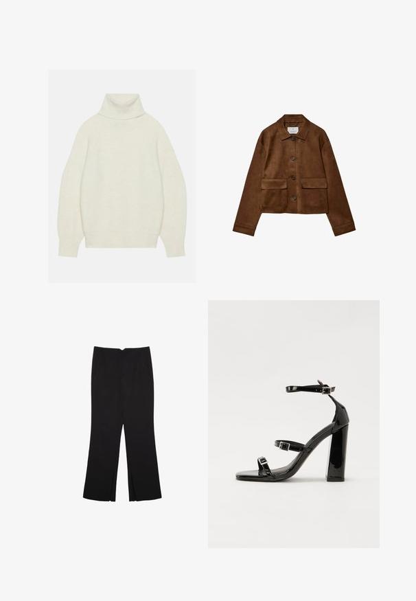 Braune Wildlederjacke mit Kragen, vorderem Knopfverschluss und zwei Brusttaschen. Verfügt über lange Ärmel und einen verkürzten Schnitt.; Turtleneck-Pullover in Creme, aus weichem Strickmaterial gefertigt. Verfügt über einen lockeren Schnitt, Raglanärmel sowie gerippte Bündchen und Saum.; Schwarze Hose mit geradem Schnitt, ausgestattet mit Fronttaschen und Seitenschlitzen am Saum. Hergestellt aus weichem, glattem Stoff. Geeignet für verschiedene Anlässe.; Schwarze patentierte Sandalen mit Absatz, quadratischer Spitze, Knöchelriemen und silbernen Schnallen. Mit einem stabilen Blockabsatz für mehr Stabilität.