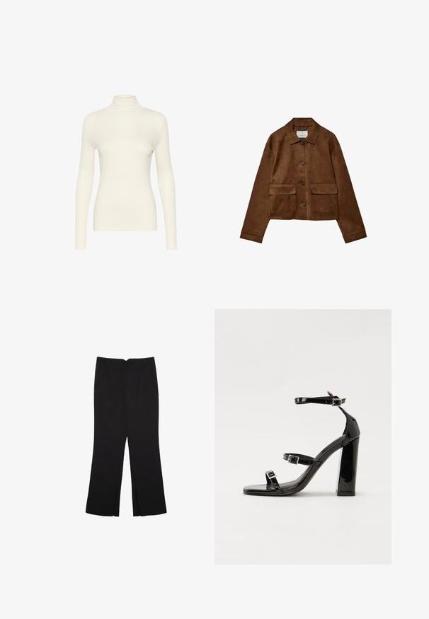 Rjava nubuk jakna s ovratnikom, sprednjim gumbom in dvema žepoma na prsih. Ima dolge rokave in skrajšano dolžino.; Bela dolga majica s polo ovratnikom, izdelana iz gladkega materiala s prilegajočo se silhueto, ki vključuje visok ovratnik in minimalen dizajn.; Črne hlače ravnega kroja z naglavnimi žepi in stranskimi razporki na robu. Narejene iz mehke, gladke tkanine. Primerne za različne priložnosti.; Črne lakirane sandale s peto, kvadratnim prstom, trakovi okrog gležnja in srebrnimi zaponkami. Opremljene so s stabilno Debelo peto.
