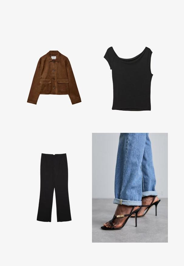 Brown suede jacket with a collared design, front button closure, and two chest pockets. Features long sleeves and a cropped length.; Black short-sleeve top made of smooth fabric; features a draped neckline and an asymmetrical hemline, with a fitted body.; Black trousers with a straight fit, featuring front pockets and side slits at the hem. Made of soft, smooth fabric. Suitable for various occasions.; MOSCHINO DONNA - High heeled sandals - nero