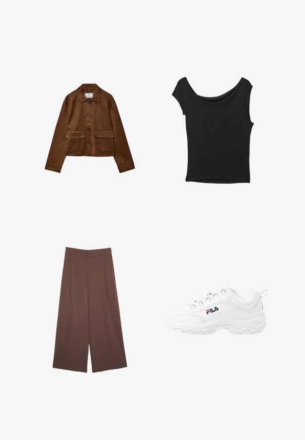 Giacca in suede marrone con design a colletto, chiusura frontale con bottoni e due tasche sul petto. Presenta maniche lunghe e un lunghezza corta.; Top nero a maniche corte realizzato in tessuto liscio; presenta un colletto drappeggiato e un orlo asimmetrico, con una vestibilità aderente.; Pantaloni ampi marroni con una texture liscia, caratterizzati da una vita alta e pieghe frontali. Il tessuto è leggero e scorre liberamente.; Sneaker sportive bianche con una tomaia in pelle liscia, dotate di una suola in gomma texturizzata, occhielli metallici e un logo a contrasto sul lato.
