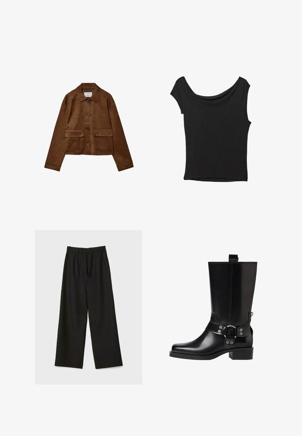 Hnedá semišová bunda s golierom, predným zapínaním na gombíky a dvoma vreckami na prsiach. Má dlhé rukávy a skrátenú dĺžku.; Čierny krátky rukáv top vyrobený z hladkej tkaniny; má prehnutý výstrih a asymetrický lem, s priliehavým telom.; Čierne nohavice s širokými nohavicami a elastickým pásom, vystavené na svetlom pozadí.; Čierne kožené čižmy po kolená s špicatou špičkou, striebornými prackami a robustným podpätkom. Obsahujú pútko pre jednoduché obúvanie.