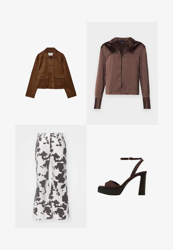 Hnědá sukně s límečkem, předním zapínáním na knoflíky a dvěma náprsními kapsami. Vlastnosti zahrnují dlouhé rukávy a zkrácenou délku.; Hnědá saténová halenka s dlouhým rukávem a špičatým límečkem, vpředu na knoflíky, se strukturovanými manžetami a hladkým, lesklým povrchem.; Bílé rozšířené džíny s černým vzorem kravské kůže. Obsahují pět kapes, poutka na pásek a přední zapínání na knoflík. Textura vypadá robustně.; Hnědé semišové sandály na vysokém podpatku s otevřenou špičkou, nastavitelným páskem kolem kotníku a proužkovou platformou.
