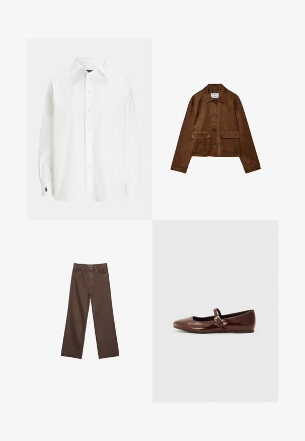 Hnědá sukně s límečkem, předním zapínáním na knoflíky a dvěma náprsními kapsami. Vlastnosti zahrnují dlouhé rukávy a zkrácenou délku.; Bílá košile s dlouhými rukávy, klasickým límcem a malým modrým logem na manžetě. Hladká bavlněná tkanina, strukturovaný střih.; Hnědé džíny s širokými nohavicemi vyrobené z denimu, s vysokým pasem, předními kapsami a klasickým zapínáním na knoflík. Hladká textura s jemným švem.; Hnědé lakované baletky s hranatou špičkou a páskem se zlato-barevným přezkou. Hladký povrch, nízký podpatek a minimalistický design.