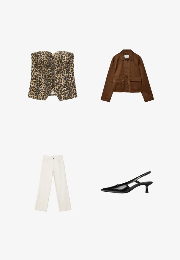 Hnedá semišová bunda s golierom, predným zapínaním na gombíky a dvoma vreckami na prsiach. Má dlhé rukávy a skrátenú dĺžku.; Top bez ramienok s leopardím vzorom vyrobený z textúrovanej tkaniny, s predným zapínaním na gombíky a priliehavým strihom so špicatým lemom.; Biele široké rifle vyrobené z denimu, s vysokým pásom, prednými vreckami a zapínaním na gombík. Čistý dizajn s minimálnymi akcentmi.; Čierne lakované kožené lodičky na podpätku s špicatou špičkou, výrezovým dizajnom na boku a malým štvorcovým podpätkom. Hladký povrch s minimálnymi akcentmi.