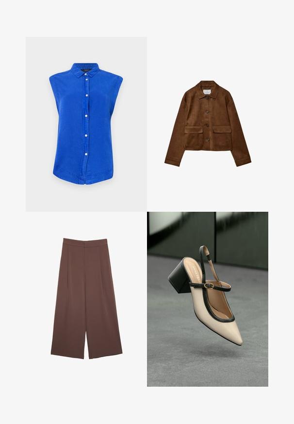 Brown suede jacket with a collared design, front button closure, and two chest pockets. Features long sleeves and a cropped length.; Blue sleeveless button-up shirt made of cotton, featuring a collar, front placket, and a curved hemline. Smooth texture, casual fit.; Brown wide-leg trousers with a smooth texture, featuring a high waist and front pleats. The fabric is lightweight and flows loosely.; Beige pointed-toe slingback shoe with black trim, gold buckle, and a chunky block heel on gray floor with dark green background.