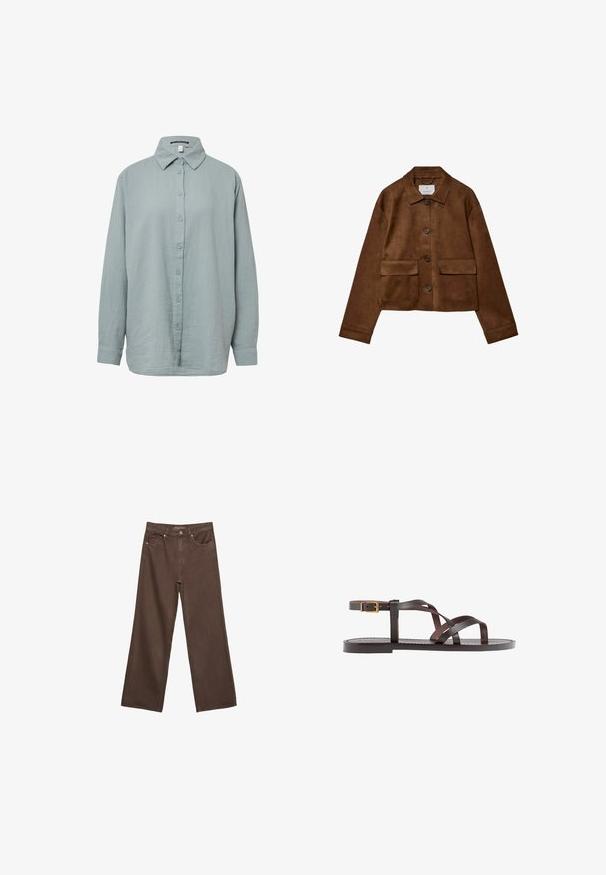 Hnědá sukně s límečkem, předním zapínáním na knoflíky a dvěma náprsními kapsami. Vlastnosti zahrnují dlouhé rukávy a zkrácenou délku.; Světle modrá, dlouhá button-up košile s dlouhými rukávy. Vyrobena z měkké, texturované látky se stojáčkem, má zapínání na knoflíky vpředu a rukávy s manžetami.; Hnědé džíny s širokými nohavicemi vyrobené z denimu, s vysokým pasem, předními kapsami a klasickým zapínáním na knoflík. Hladká textura s jemným švem.; Hnědé kožené sandály s kříženými pásky, uzavřením na přezku u kotníku a plochou podrážkou s minimem švů.