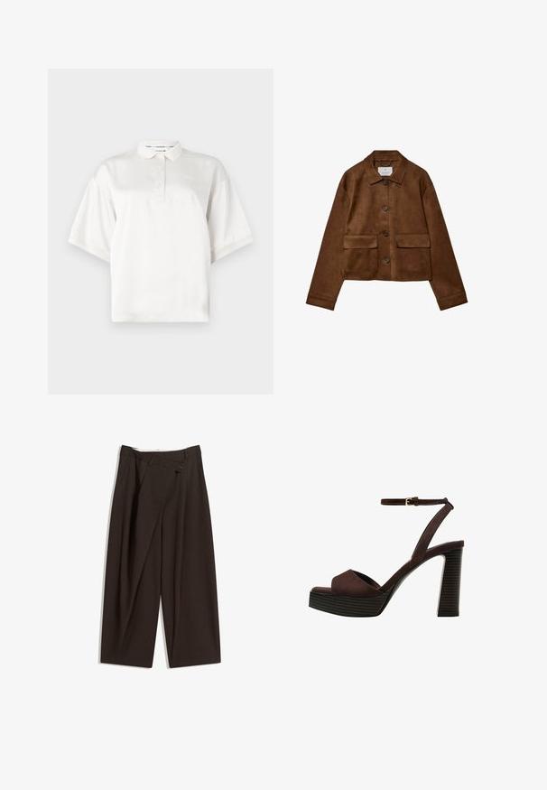 Hnědá sukně s límečkem, předním zapínáním na knoflíky a dvěma náprsními kapsami. Vlastnosti zahrnují dlouhé rukávy a zkrácenou délku.; Bílá polokošile s krátkým rukávem vyrobená z hladkého materiálu, s předním zapínáním na tři knoflíky a vyšitým logem na levé straně hrudi.; Tmavě hnědé široké kalhoty s vysokým pasem, vybavené jedním tlačítkem na zapínání a plisovaným předním dílem. Vyrobené z lehkého materiálu.; Hnědé semišové sandály na vysokém podpatku s otevřenou špičkou, nastavitelným páskem kolem kotníku a proužkovou platformou.