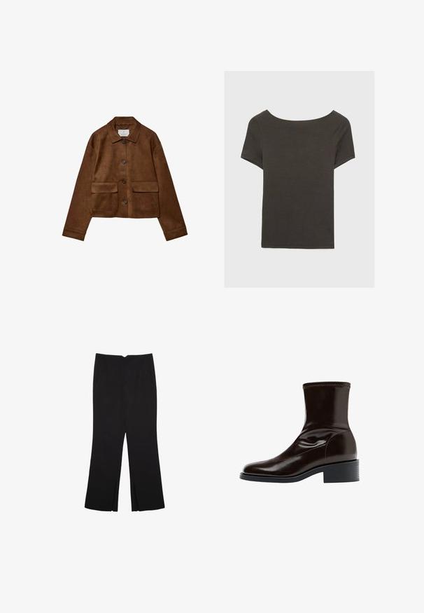 Veste en suede marron avec un design à col, fermeture à boutons sur le devant et deux poches poitrine. Dispose de manches longues et d'une longueur courte.; Haut à manches courtes gris foncé avec un col bateau. Fabriqué en tissu côtelé, il présente une coupe décontractée et un ourlet propre. Design simple, sans motifs.; Pantalon noir avec une coupe droite, doté de poches avant et d'éclairs sur l'ourlet. Fabriqué en tissu doux et lisse. Convient à diverses occasions.; Bottines en cuir marron avec une finition lisse, bout carré, couture texturée et un talon bas. Présente un design élégant et minimaliste.