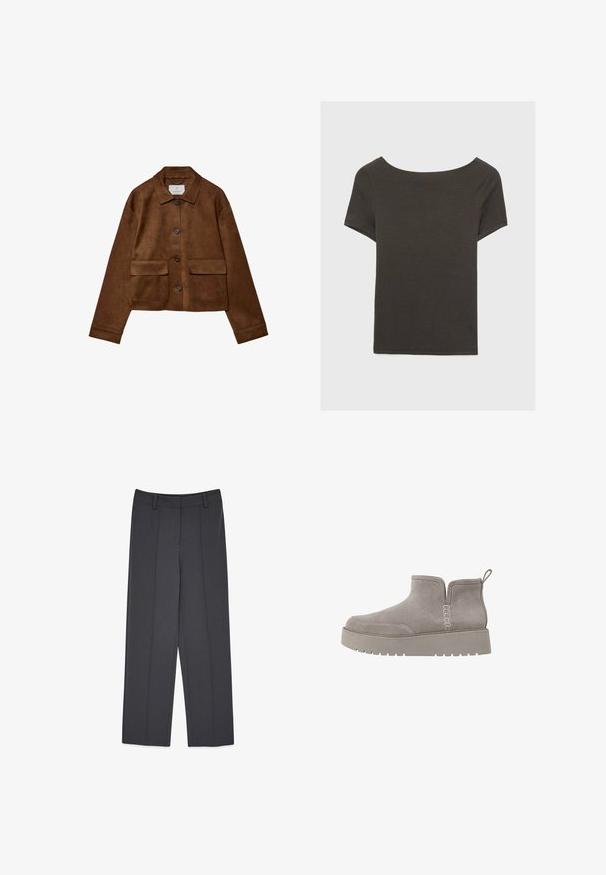 Rjava nubuk jakna s ovratnikom, sprednjim gumbom in dvema žepoma na prsih. Ima dolge rokave in skrajšano dolžino.; Temno siva kratka majica s čolnasto izrezom. Narejena iz rebraste tkanine, ki ima sproščen kroj in čist rob. Preprost dizajn, brez vzorcev.; Sive krojene hlače ravnega kroja, ki imajo obdelane pregibe, gladko teksturo in zanke za pas. Že nič vidnih žepov.; Sivi nubuk čevelj do gležnjev z nizkim profilom, elastičnimi stranskimi paneli in teksturirano gumijasto podplato. Ima zanko za enostavno oblačenje.