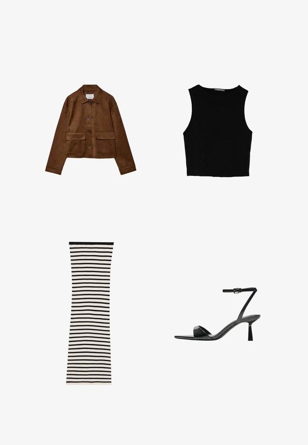 Braune Wildlederjacke mit Kragen, vorderem Knopfverschluss und zwei Brusttaschen. Verfügt über lange Ärmel und einen verkürzten Schnitt.; Schwarzes ärmelloses Crop-Top aus glattem Stoff, mit rundem Ausschnitt und einem klaren, schlichten Design ohne Muster oder Beschläge.; Schwarz-weißer gestreifter Rippenkleid mit taillierter Form, das horizontale Streifen und einen einfarbigen schwarzen Ausschnitt aufweist.; Bershka High Heel Sandalette - black