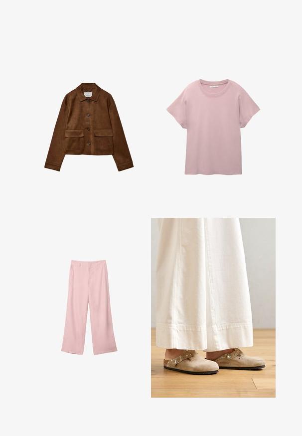 Brown suede jacket with a collared design, front button closure, and two chest pockets. Features long sleeves and a cropped length.; Light pink short-sleeve t-shirt made of smooth cotton. Features a round neck and relaxed fit with a straight cut hemline.; Light pink wide-leg pants made of smooth fabric. Features a structured waistband and straight, flowing legs, with no visible patterns or hardware.; Beige suede clogs with a buckled strap and studded accents, worn with white wide-leg pants, set on a wooden floor.