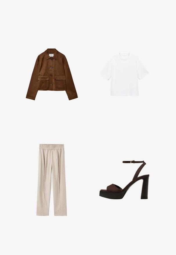 Rjava nubuk jakna s ovratnikom, sprednjim gumbom in dvema žepoma na prsih. Ima dolge rokave in skrajšano dolžino.; Bela bombažna majica s kratkimi rokavi in okroglo ovratnikom. Preprost dizajn, ohlapen kroj, gladka tekstura. Brez vzorcev ali vidnih poudarkov.; Svetlo bež široke hlače iz teksturiranega materiala z diskretnimi navpičnimi črtami, s prostorno elastično pasom za udobje.; Rjave semiš sandale z visoko peto, odprto spredaj, z nastavljivim gležnjenjem in črtastim podplatom.