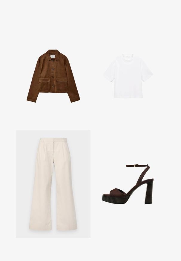 Rjava nubuk jakna s ovratnikom, sprednjim gumbom in dvema žepoma na prsih. Ima dolge rokave in skrajšano dolžino.; Bela bombažna majica s kratkimi rokavi in okroglo ovratnikom. Preprost dizajn, ohlapen kroj, gladka tekstura. Brez vzorcev ali vidnih poudarkov.; Beige široke hlače iz lahkega materiala, z ravnim sprednjim delom, dvema gubama in čistim, minimalističnim oblikovanjem.; Rjave semiš sandale z visoko peto, odprto spredaj, z nastavljivim gležnjenjem in črtastim podplatom.