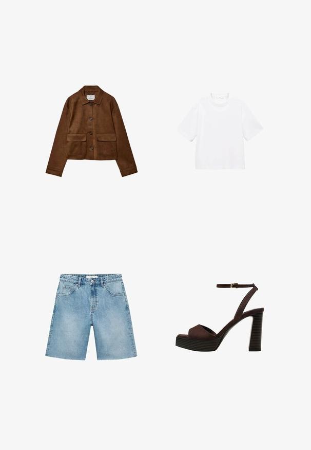 Rjava nubuk jakna s ovratnikom, sprednjim gumbom in dvema žepoma na prsih. Ima dolge rokave in skrajšano dolžino.; Bela bombažna majica s kratkimi rokavi in okroglo ovratnikom. Preprost dizajn, ohlapen kroj, gladka tekstura. Brez vzorcev ali vidnih poudarkov.; Svetlo modri kavbojke kratke hlače s ravnim krojem, petimi žepi, zapiranjem na gumb spredaj in raztrganim robom. Klasična kavbojka tekstura.; Rjave semiš sandale z visoko peto, odprto spredaj, z nastavljivim gležnjenjem in črtastim podplatom.
