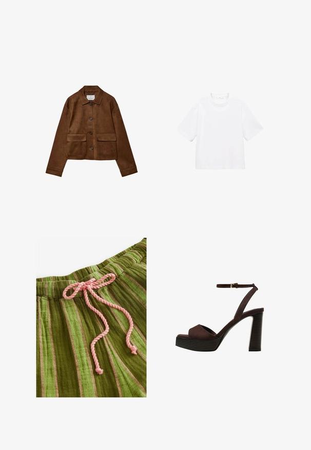 Brown suede jacket with a collared design, front button closure, and two chest pockets. Features long sleeves and a cropped length.; White cotton short-sleeve t-shirt with a round neckline. Simple design, loose fit, smooth texture. No patterns or accents visible.; Green striped fabric with a soft texture and pink drawstring. Features vertical stripes of varying shades and a gathered waistband.; Brown suede high-heeled sandal with an open toe, adjustable ankle strap, and a striped platform sole.