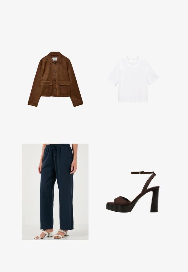 Rjava nubuk jakna s ovratnikom, sprednjim gumbom in dvema žepoma na prsih. Ima dolge rokave in skrajšano dolžino.; Bela bombažna majica s kratkimi rokavi in okroglo ovratnikom. Preprost dizajn, ohlapen kroj, gladka tekstura. Brez vzorcev ali vidnih poudarkov.; Temno modri široki hlače z elastičnim pasom in vrvico. Gladek material s sproščenim krojem in posnetim robom. Ujemajo se z belimi petami.; Rjave semiš sandale z visoko peto, odprto spredaj, z nastavljivim gležnjenjem in črtastim podplatom.