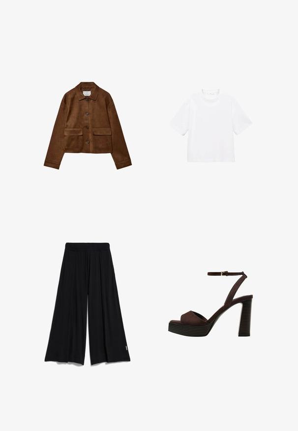 Braune Wildlederjacke mit Kragen, vorderem Knopfverschluss und zwei Brusttaschen. Verfügt über lange Ärmel und einen verkürzten Schnitt.; Weißes Baumwoll-T-Shirt mit kurzen Ärmeln und rundem Ausschnitt. Einfaches Design, lockere Passform, glatte Textur. Keine Muster oder Verzierungen sichtbar.; Schwarz weite Hosen mit elastischem Bund, aus weichem Stoff gefertigt, mit lockerer Passform und dezenten Drapierungsdetails.; Braune Wildleder-Pumps mit offenem Zeh, verstellbarem Knöchelriemen und gestreiftem Plateausohlen.