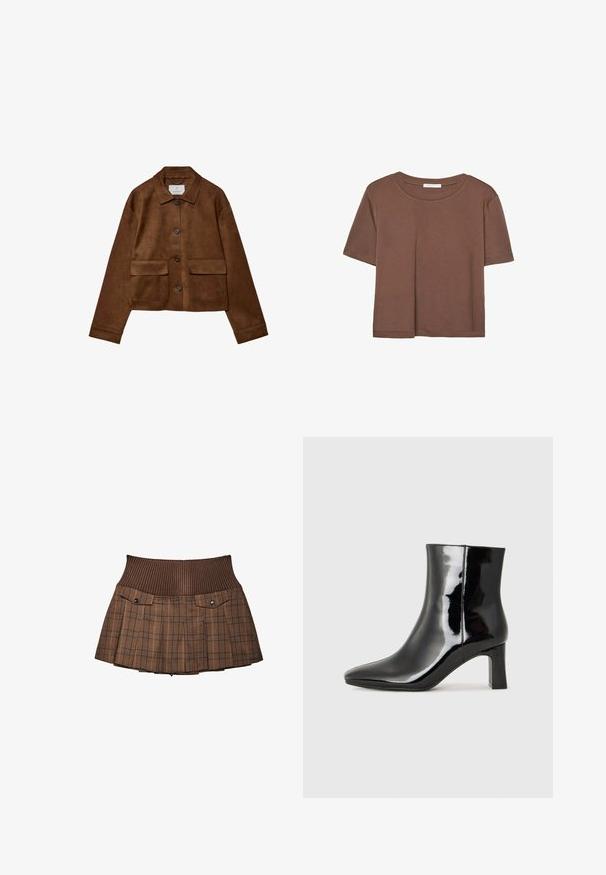 Braune Wildlederjacke mit Kragen, vorderem Knopfverschluss und zwei Brusttaschen. Verfügt über lange Ärmel und einen verkürzten Schnitt.; Braunes, kurzärmliges T-Shirt aus weichem Material mit rundem Halsausschnitt und lockerer Passform. Keine sichtbaren Muster oder Akzente.; Brauner karierter Rock mit einem gerippten Bund, verfügt über zwei Vorderseiten-Taschen mit Druckknöpfen, plissiertes Design und einen maßgeschneiderten Abschluss.; Schwarzer Lackleder-Stiefelette mit spitzer Zehe und einem mittelhohen Blockabsatz. Glatte Textur und minimalistisches Design.