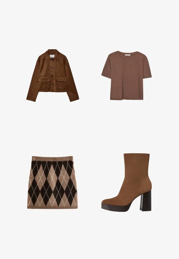 Brązowa skórzana kurtka z kołnierzykiem, z przodu zapinana na guziki i z dwiema kieszeniami na piersi. Posiada długie rękawy i krótki krój.; Brązowa koszulka z krótkim rękawem, wykonana z miękkiego materiału, z okrągłym dekoltem i luźnym krojem. Brak widocznych wzorów lub akcentów.; Spódnica dzianinowa z wzorem argyle w brązowo-beżowych odcieniach, z prążkowanym pasem i miękką teksturą. Prostokątny kształt, długość do kolan.; Brązowe zamszowe botki sięgające kostki z zaokrąglonym noskiem, masywnym czarnym paskiem na obcasie i gładką powierzchnią. Charakteryzują się dopasowanym krojem bez widocznych elementów metalowych.