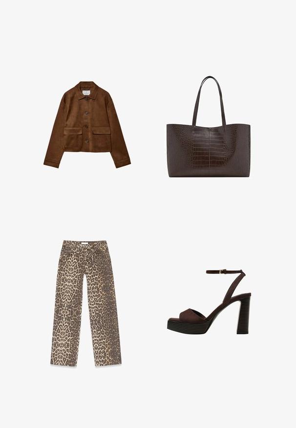 Veste en suede marron avec un design à col, fermeture à boutons sur le devant et deux poches poitrine. Dispose de manches longues et d'une longueur courte.; T-shirt marron à manches courtes en tissu doux, avec un col rond et une coupe décontractée. Aucun motif ni accent visible.; Jean en denim à imprimé léopard avec une palette de couleurs beige et marron neutres, au design à jambe droite et aux détails de poches traditionnels.; Sandale à talons hauts en suede marron avec un bout ouvert, une bride de cheville réglable et une semelle de plateforme rayée.; Sac fourre-tout en cuir texturé crocodile marron avec deux anses robustes, de forme rectangulaire et finition lisse et brillante ; présente un détail de couture central.