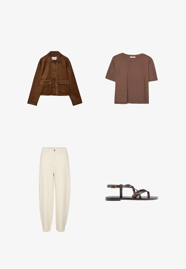Rjava nubuk jakna s ovratnikom, sprednjim gumbom in dvema žepoma na prsih. Ima dolge rokave in skrajšano dolžino.; Rjava kratka majica s kratkimi rokavi iz mehkega materiala, s krožnim izrezom in ohlapnim krojem. Brez vidnih vzorcev ali dodatkov.; Svetlo bež pamukaste hlače s opuštenim krojem, suženim nogavicama, prednjim džepovima in enim gumbom za zapiranje pri pasu.; Rjav usnjen sandal z načinom prečnega črta, zaklepom okoli gležnja in ravnim podplatom z minimalnimi šivi.