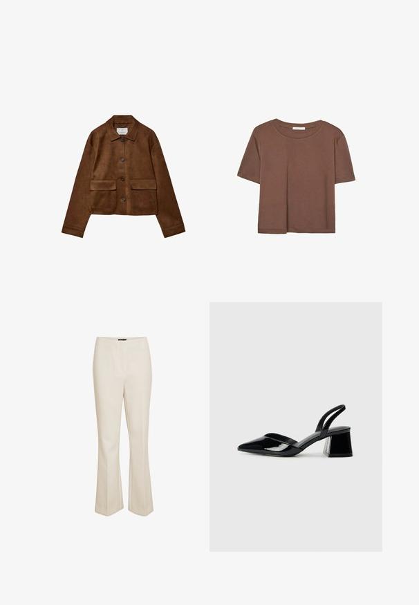 Hnedá semišová bunda s golierom, predným zapínaním na gombíky a dvoma vreckami na prsiach. Má dlhé rukávy a skrátenú dĺžku.; Hnedé tričko s krátkym rukávom vyrobené z jemného materiálu, s okrúhlym výstrihom a voľným strihom. Žiadne viditeľné vzory ani akcenty.; Béžové upravené nohavice vyrobené z hladkej látky, s strihom, ktorý sa na konci rozširuje, a stredne vysokým pásom s diskrétnym predným švom.; Čierne lakované kožené sandálové podpätky s špicatou špičkou a geometrickým blokovým podpätkom. Disponujú elegantným, minimalistickým dizajnom a hladkým povrchom.