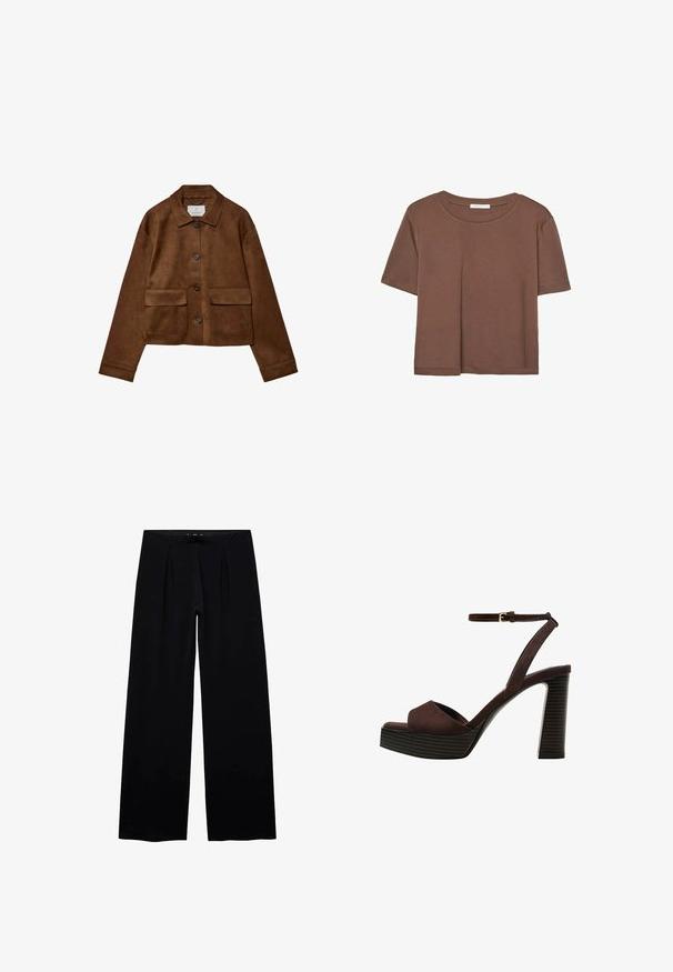 Smeđa suđena jakna s dizajnom na ovratniku, prednjim zatvaranjem na gumbe i dva džepa na grudima. Ima duge rukave i skraćenu dužinu.; Smeđi kratki rukav majica od mekog materijala, s okruglim izrezom i opuštenim krojem. Nema vidljivih uzoraka ili naglasaka.; Crne široke hlače s glatkom teksturom, dva prednja nabora i elastičnom strukom za udobnost. Nema vidljivih metalnih dijelova ili uzoraka.; Smeđe zamšaste sandale s visokim potpeticama, otvorenim prstima, podesivom trakicom oko gležnja i prugastom platformom.