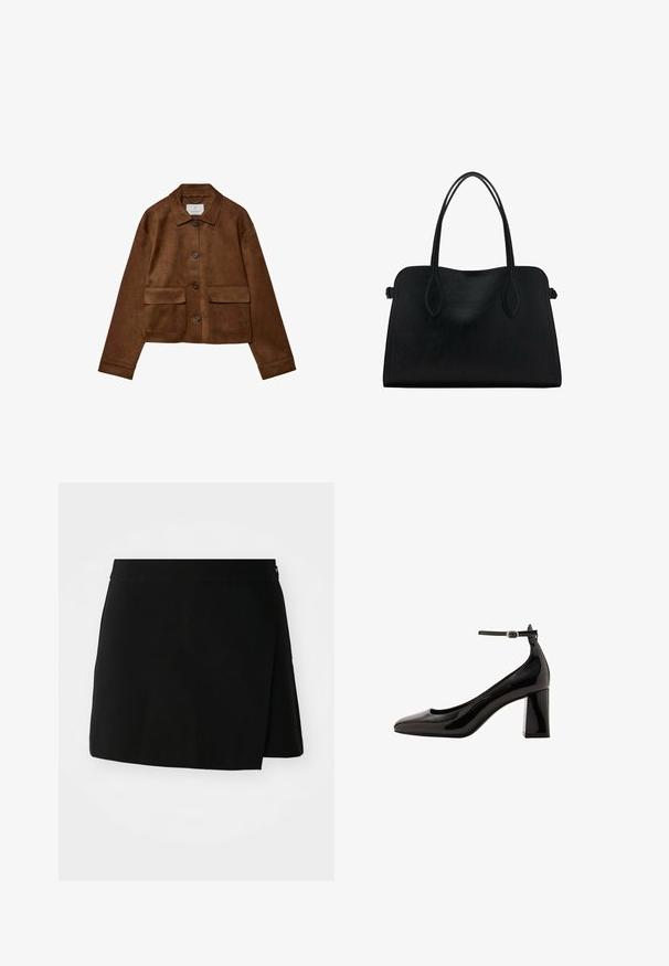 Hnědá sukně s límečkem, předním zapínáním na knoflíky a dvěma náprsními kapsami. Vlastnosti zahrnují dlouhé rukávy a zkrácenou délku.; Červený krátký rukáv svetr vyrobený z žebrovaného úpletu, se standardním kulatým výstřihem a přiléhavým střihem.; Černá áčková sukně s překládaným designem, která má hladkou texturu a rovný lem. Žádné viditelné kovové prvky nebo akcenty.; Černé lakované lodičky s ankletovým páskem, lesklým povrchem, špičatou špičkou a silným blokovým podpatkem. Hladký povrch, minimální detaily.; Černá kožená kabelka s dvojitými ramenními popruhy, obdélníkový tvar a minimalistický design na bílém pozadí.