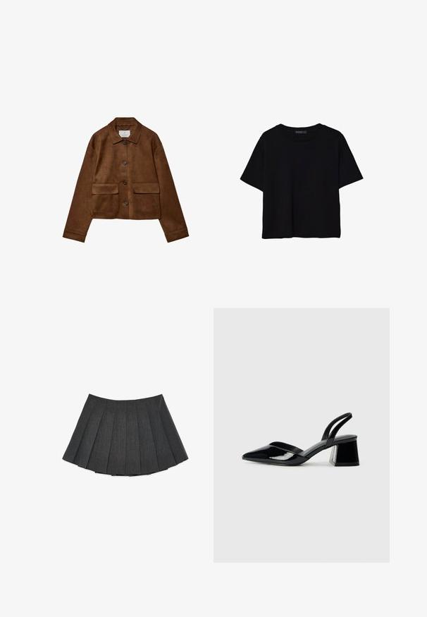 Braune Wildlederjacke mit Kragen, vorderem Knopfverschluss und zwei Brusttaschen. Verfügt über lange Ärmel und einen verkürzten Schnitt.; Schwarzes T-Shirt mit kurzen Ärmeln aus Baumwolle. Verfügt über einen runden Ausschnitt und einen lockeren Schnitt mit einer glatten, einfarbigen Textur. Keine sichtbaren Muster oder Akzente.; Plissierter Rock in Dunkelgrau, aus einem strukturierten Stoff gefertigt. Hat eine ausgestellte Silhouette mit gleichmäßig verteilten Falten und einem flachen Taillenbund.; Schwarze Lackleder-Slingback-High Heels mit spitzem Schuh und einem geometrischen Blockabsatz. Verfügt über ein schlankes, minimalistisches Design und eine glatte Textur.