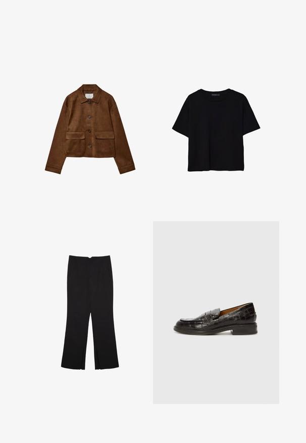 Ruskea nubukkitakki, jossa on kauluksellinen muotoilu, edessä nappisuljenta ja kaksi rinta-taskua. Takissa on pitkät hihat ja se on lyhyt.; Mustat lyhyet hihavat t-paidat, jotka on valmistettu puuvillasta. Ominaisuuksiin kuuluu pyöreä kaula-aukko ja löysä istuvuus sekä sileä, yksinkertainen pinta. Ei näkyviä kuvioita tai koristeita.; Mustat housut suoralinjaisella leikkauksella, joissa on etutaskut ja sivurei'ät helman alla. Valmistettu pehmeästä ja sileästä kankaasta. Sopii eri tilaisuuksiin.; Billi Bi Loaferit/pistokkaat - espresso