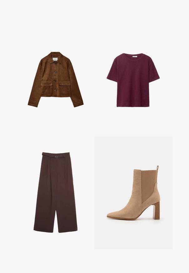 Ruskea nubukkitakki, jossa on kauluksellinen muotoilu, edessä nappisuljenta ja kaksi rinta-taskua. Takissa on pitkät hihat ja se on lyhyt.; Burgundy lyhythihainen T-paita, joka on valmistettu pehmeästä puuvillasta. Siinä on klassinen pyöreä kaula-aukko ja rento istuvuus. Yksinkertainen pinta, ei kuvioita tai koristeita.; Stradivarius WIDE-LEG WITH BUCKLE DETAIL - Housut - dark brown; Beige nilkkuri, joka on valmistettu mokasta ja jossa on joustavat sivupaneelit, terävä kärki ja raidallinen lohkokorko. Takana on vetoketju.