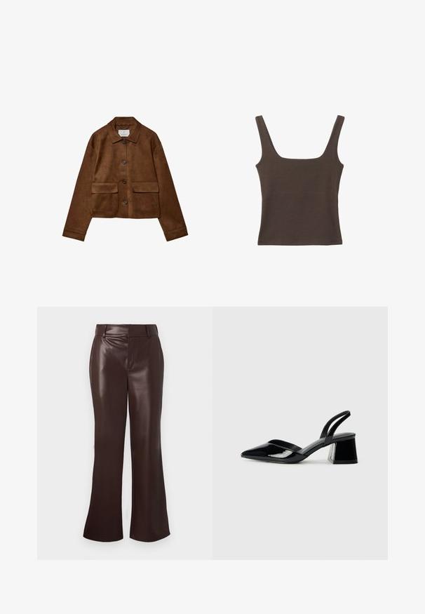 Hnedá semišová bunda s golierom, predným zapínaním na gombíky a dvoma vreckami na prsiach. Má dlhé rukávy a skrátenú dĺžku.; Hnedý bezrúškový top so štvorcovým výstrihom, vyrobený z mäkkého, elastického materiálu. Má priliehavý strih a ploché švy.; Hnedé nohavice s flared strihom z faux kože s hladkou textúrou, so širokým pásom a zipsom. Čisté línie a elegantná silueta.; Čierne lakované kožené sandálové podpätky s špicatou špičkou a geometrickým blokovým podpätkom. Disponujú elegantným, minimalistickým dizajnom a hladkým povrchom.