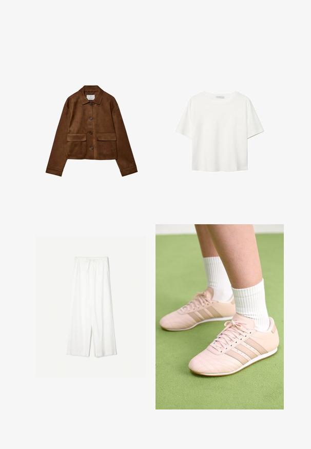 Rjava nubuk jakna s ovratnikom, sprednjim gumbom in dvema žepoma na prsih. Ima dolge rokave in skrajšano dolžino.; Bela kratka majica s kratkimi rokavi iz bombaža. Ima okroglo izrezovanje in sproščen kroj. Gladka tekstura brez vidnih vzorcev ali poudarkov.; Bele široke hlače s elastiko v pasu, prikazane na enobarvni podlagi, kar poudarja njihov sproščen slog in teksturo tkanine.; Svetlo roza športni čevlji z diagonalnim šivom, belimi podplati in tremi stranskimi črtami. Oblečeni z rebrastimi belimi nogavicami na zeleni površini.