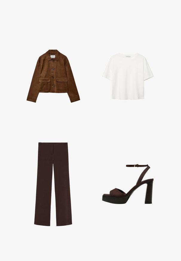 Hnedá semišová bunda s golierom, predným zapínaním na gombíky a dvoma vreckami na prsiach. Má dlhé rukávy a skrátenú dĺžku.; Biela krátkopsová tričko vyrobené z bavlny. Má okrúhly výstrih a voľný strih. Hladká textúra bez viditeľných vzorov alebo akcentov.; Hnedé široké nohavice vyrobené z elastického materiálu. Majú hladkú textúru a jednoduchý, čistý dizajn bez ďalších ozdôb.; Hnedé semišové sandále na vysokom podpätku s otvorenou špičkou, nastaviteľným členkovým remienkom a pruhovanou platformovou podrážkou.