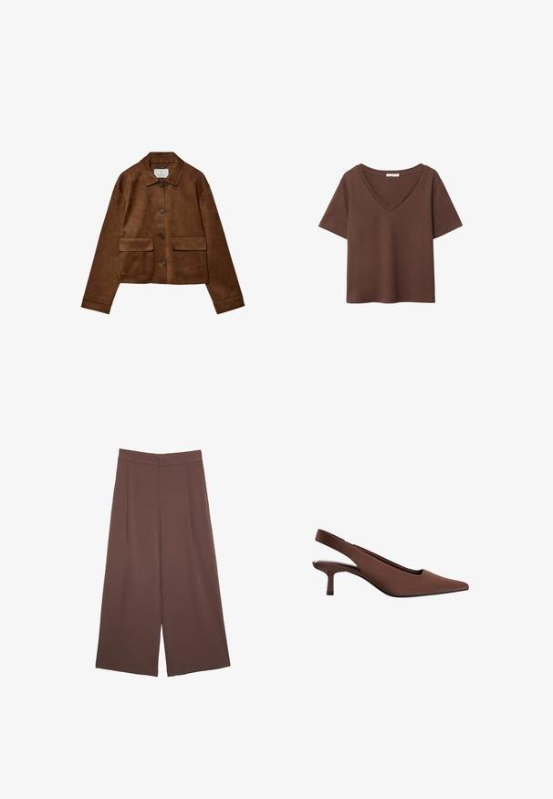 Rjava nubuk jakna s ovratnikom, sprednjim gumbom in dvema žepoma na prsih. Ima dolge rokave in skrajšano dolžino.; Rjava bombažna majica s kratkimi rokavi in globokim V-izrezom. Preprost dizajn, mehak material in raven rob. Brez vzorcev ali dekorativnih elementov.; Rjave široke hlače z gladko teksturo, ki imajo visok pas in sprednje naborke. Tkanina je lahka in prosto pada.; Rjava slingback petna čevlja s koničastim nosom, gladko teksturo, vitko srednje visoko peto in minimalističnim dizajnom.