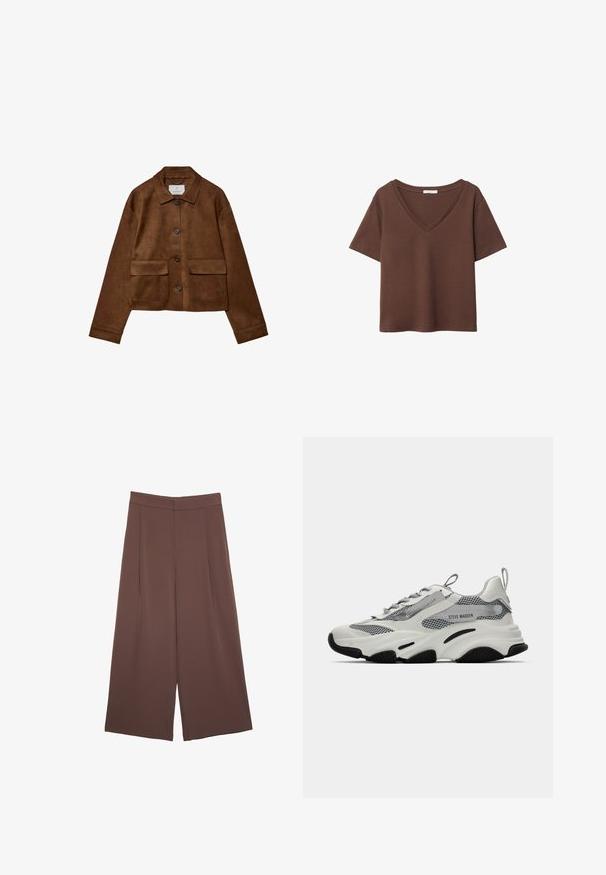 Smeđa suđena jakna s dizajnom na ovratniku, prednjim zatvaranjem na gumbe i dva džepa na grudima. Ima duge rukave i skraćenu dužinu.; Smeđa pamučna majica kratkih rukava s dubokim V-izrezom. Jednostavan dizajn, mekana tekstura i ravni rub. Bez uzoraka ili naglasaka.; Smeđe hlače širokog kroja s glatkom teksturom, koje imaju visok struk i nabore sprijeda. Tkanina je lagana i slobodno se kreće.; Bijele sportske tenisice s mrežastim panelima, sivi akcenti i crne gumene potplate. Imaju vezice, petnu zatezač i oznaku marke.
