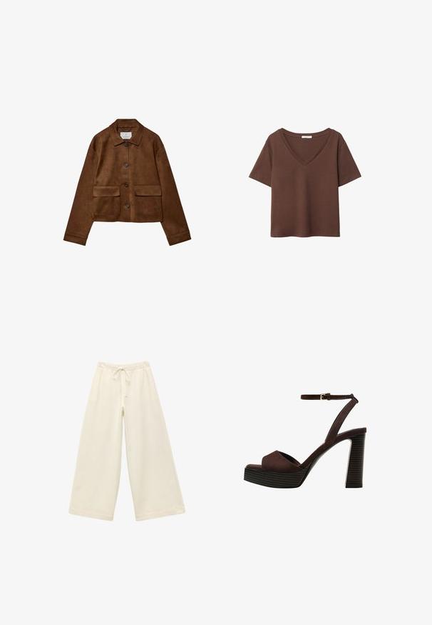 Brązowa skórzana kurtka z kołnierzykiem, z przodu zapinana na guziki i z dwiema kieszeniami na piersi. Posiada długie rękawy i krótki krój.; Brązowy bawełniany t-shirt z krótkimi rękawami i głębokim dekoltem w kształcie litery V. Prosty design, miękka faktura i prosty krój u dołu. Brak wzorów i akcentów.; Kremowe spodnie o szerokich nogawkach z elastycznym paskiem w talii i sznurkiem. Gładka tekstura, do kolan, luźny krój i brak widocznych wzorów.; Brązowe zamszowe sandały na wysokim obcasie z odkrytymi palcami, regulowanym paskiem na kostce i paskowatą podeszwą.