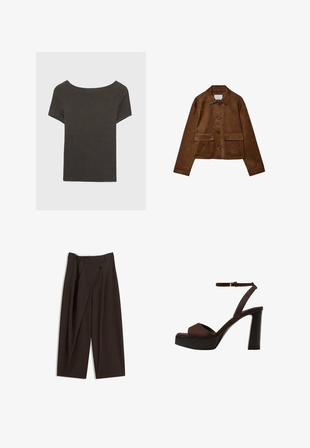Hnedá semišová bunda s golierom, predným zapínaním na gombíky a dvoma vreckami na prsiach. Má dlhé rukávy a skrátenú dĺžku.; Tmavošedý top s krátkym rukávom a lodičkovým výstrihom. Vyrobený z rebrovanej látky, s voľným strihom a čistým lemovaním. Jednoduchý dizajn, bez vzorov.; Tmavohnedé široké nohavice s vysokým pásom, s jedným gombíkom a záhybmi vpredu. Vyrobené z ľahkej textílie.; Hnedé semišové sandále na vysokom podpätku s otvorenou špičkou, nastaviteľným členkovým remienkom a pruhovanou platformovou podrážkou.