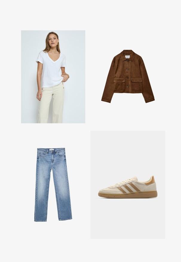 Hnědá sukně s límečkem, předním zapínáním na knoflíky a dvěma náprsními kapsami. Vlastnosti zahrnují dlouhé rukávy a zkrácenou délku.; Desires DEDANNON TEE - Jednoduché tričko - white; Džíny v rovném střihu, modré denimové, s vybledlým vzhledem, pěti kapsami a klasickým zapínáním na knoflík. Bavlněný materiál s výrazným prošíváním.; Béžové semišové tenisky s světle hnědými akcenty. Mají tři hnědé pruhy, texturovanou gumovou podrážku a zaoblený design špičky.