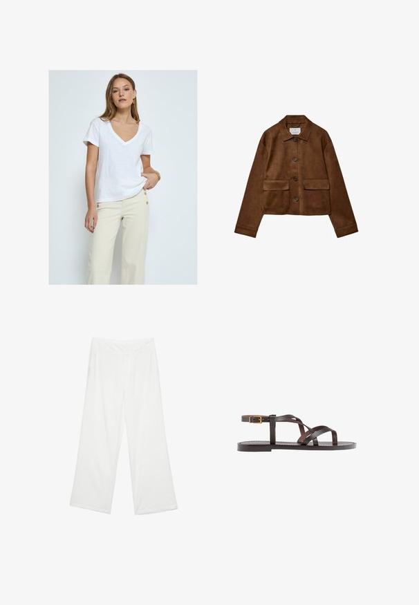 Hnedá semišová bunda s golierom, predným zapínaním na gombíky a dvoma vreckami na prsiach. Má dlhé rukávy a skrátenú dĺžku.; Desires DEDANNON TEE - Základné tričko - white; Biele široké nohavice z látky s hladkým povrchom, prednými vreckami a klasickým pásom s pútkami na opasok.; Hnedé kožené sandály s krížovými popruhmi, uzatváraním na pracku okolo členku a plochou podrážkou s minimálnymi ševmi.