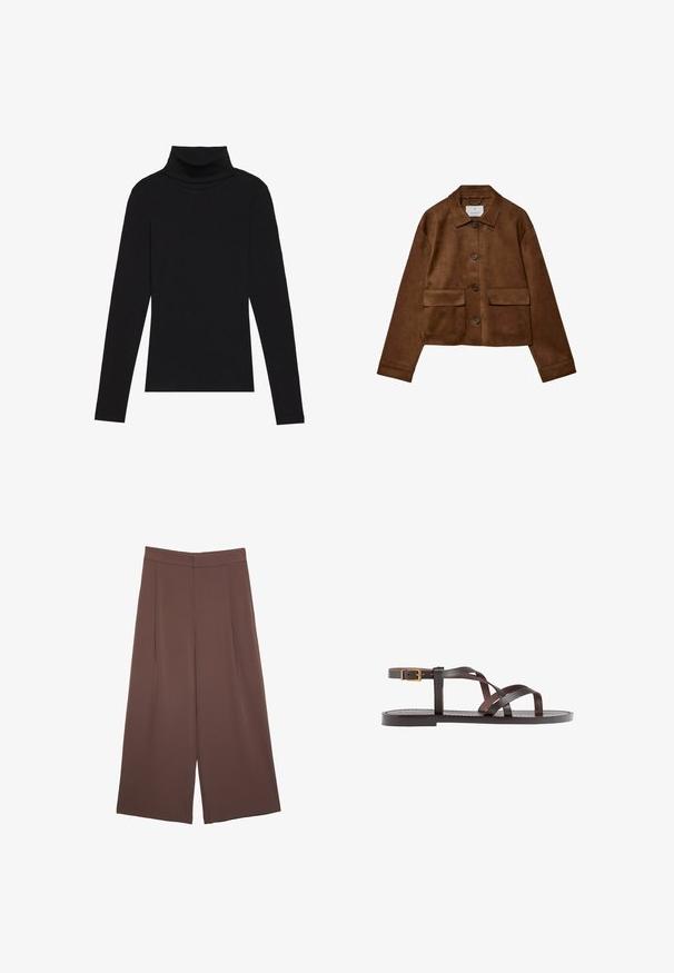 Braune Wildlederjacke mit Kragen, vorderem Knopfverschluss und zwei Brusttaschen. Verfügt über lange Ärmel und einen verkürzten Schnitt.; Schwarzes langärmeliges Turtleneck-Oberteil aus geripptem Stoff, mit einer taillierten Passform, hohem Kragen und ohne Muster oder Akzente.; Braune Weite-Leg-Hosen mit einer glatten Textur, hoher Taille und Vorderfalten. Der Stoff ist leicht und fällt locker.; Braune Leder-Sandale mit überkreuzten Riemen, einem Knöchelriemen mit Schnalle und einer flachen Sohle mit minimalen Nähdetails.