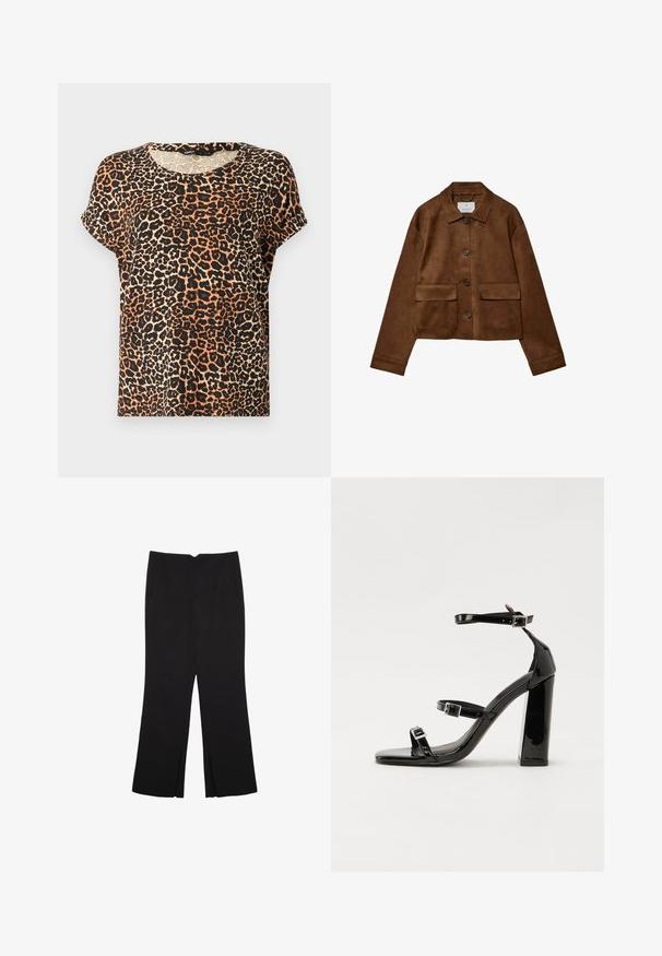 Brun ruskindsjakke med kravedesign, frontknaplukning og to brystlommer. Har lange ærmer og en cropped længde.; T-shirt med kortærmer i leopardmønster i nuancer af orange, sort og creme. Rund halsudskæring og blød stofstruktur.; Sorte bukser med lige pasform, der har frontlommer og slidser i kanten. Lavet af blødt, glat stof. Velegnet til forskellige anledninger.; Sorte patenterede hælsandaler med firkantet tå, ankelremme og sølvspænder. Har en chunky blokHæl for stabilitet.
