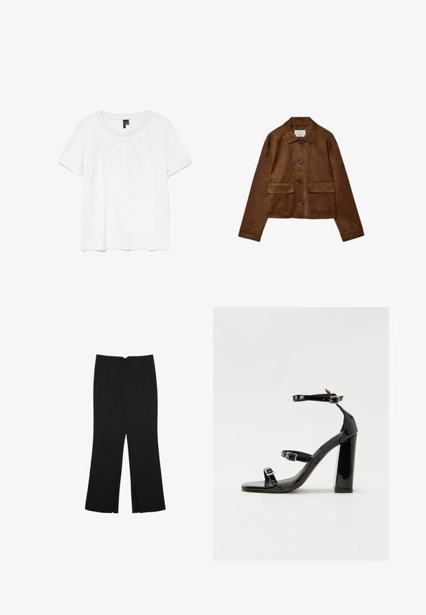 Hnědá sukně s límečkem, předním zapínáním na knoflíky a dvěma náprsními kapsami. Vlastnosti zahrnují dlouhé rukávy a zkrácenou délku.; Bílý krátký rukáv tričko s kulatým výstřihem, vyrobené z lehké látky. Jednoduchý design, hladká textura a rovný lem.; Černé kalhoty s rovným střihem, s předními kapsami a bočními rozparky na lemu. Vyrobené z jemné, hladké tkaniny. Vhodné na různé příležitosti.; Černé lakované sandály na podpatku se čtveratou špičkou, lýtkovými pásky a stříbrnými přezkami. Disponují masivním blokovým podpatkem pro stabilitu.