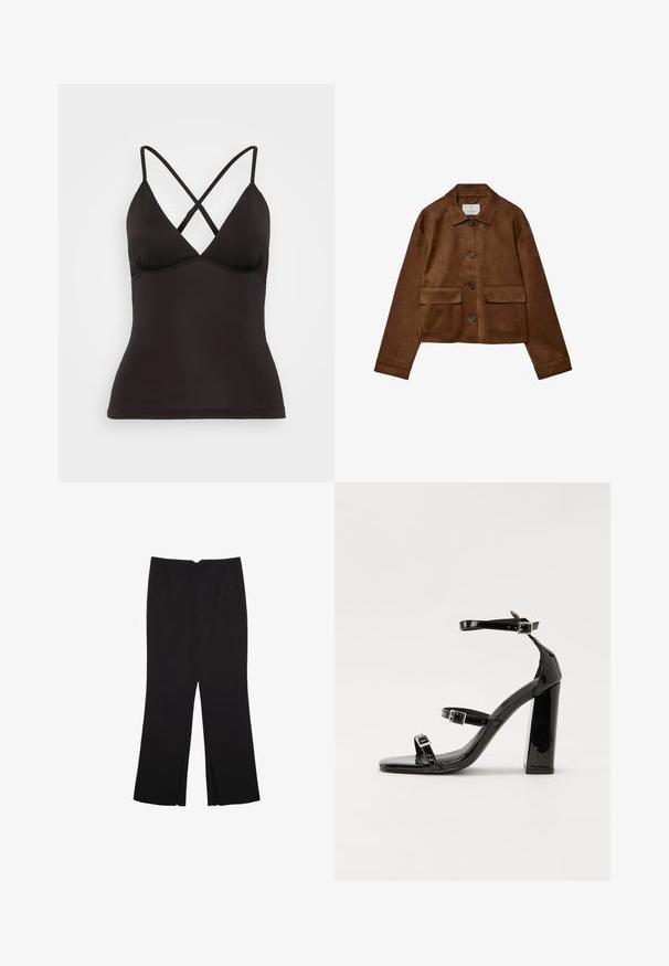 Brown suede jacket with a collared design, front button closure, and two chest pockets. Features long sleeves and a cropped length.; Black camisole with adjustable cross-back straps, featuring a deep V-neck and a fitted silhouette. Made from smooth, stretchy fabric.; Black trousers with a straight fit, featuring front pockets and side slits at the hem. Made of soft, smooth fabric. Suitable for various occasions.; Black patent heeled sandals with a square toe, ankle straps, and silver buckles. Features a chunky block heel for stability.